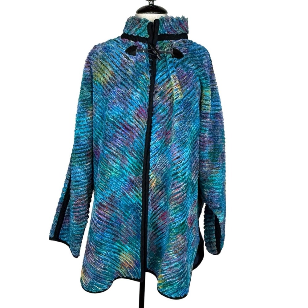 Vtg Womens Cape Wrap O/S‎ Blue Wool Blend Poncho Cottage Artsy Toggle Statement
